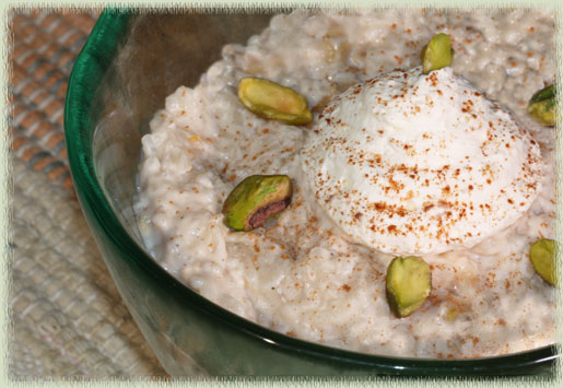 Rice Pudding With Bananas & Pistachio Nuts
