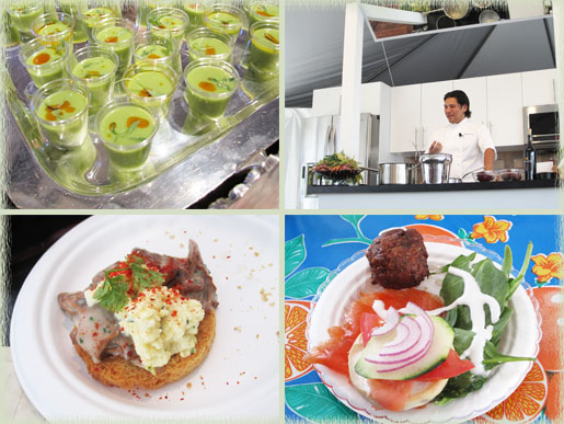 Avocado Tapioca Shooters; Ray Garcia Cooking Demo; Salmon Bagel Sandwich; Chantrelle Mushrooms with Eggs on Toast