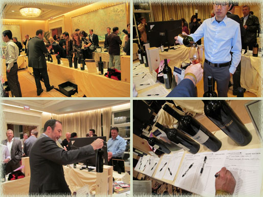 One of the Wine Tasting Rooms; Opus One Poured for Bidders; Bidding in the Silent Auction; Ian Blackburn Talking Up the Wines