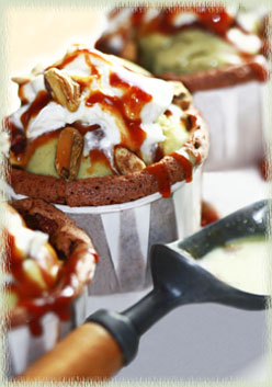 Sunken, Crackle-Top Mocha Cupcakes with Toasted Pistachio Gelato and Burnt Caramel Drizzle