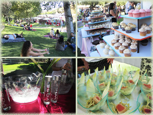 Event scene; Frosted Cupcakery cupcakes; Seared tuna on soba noodles; Voss water