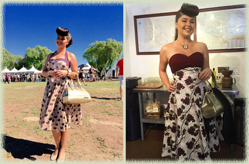 Wine fashion designer at the event (left); again at the Palmina Wines wine pick-up party the following day (right)