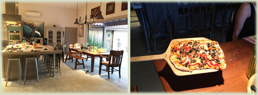 The rental kitchen and a pizza
